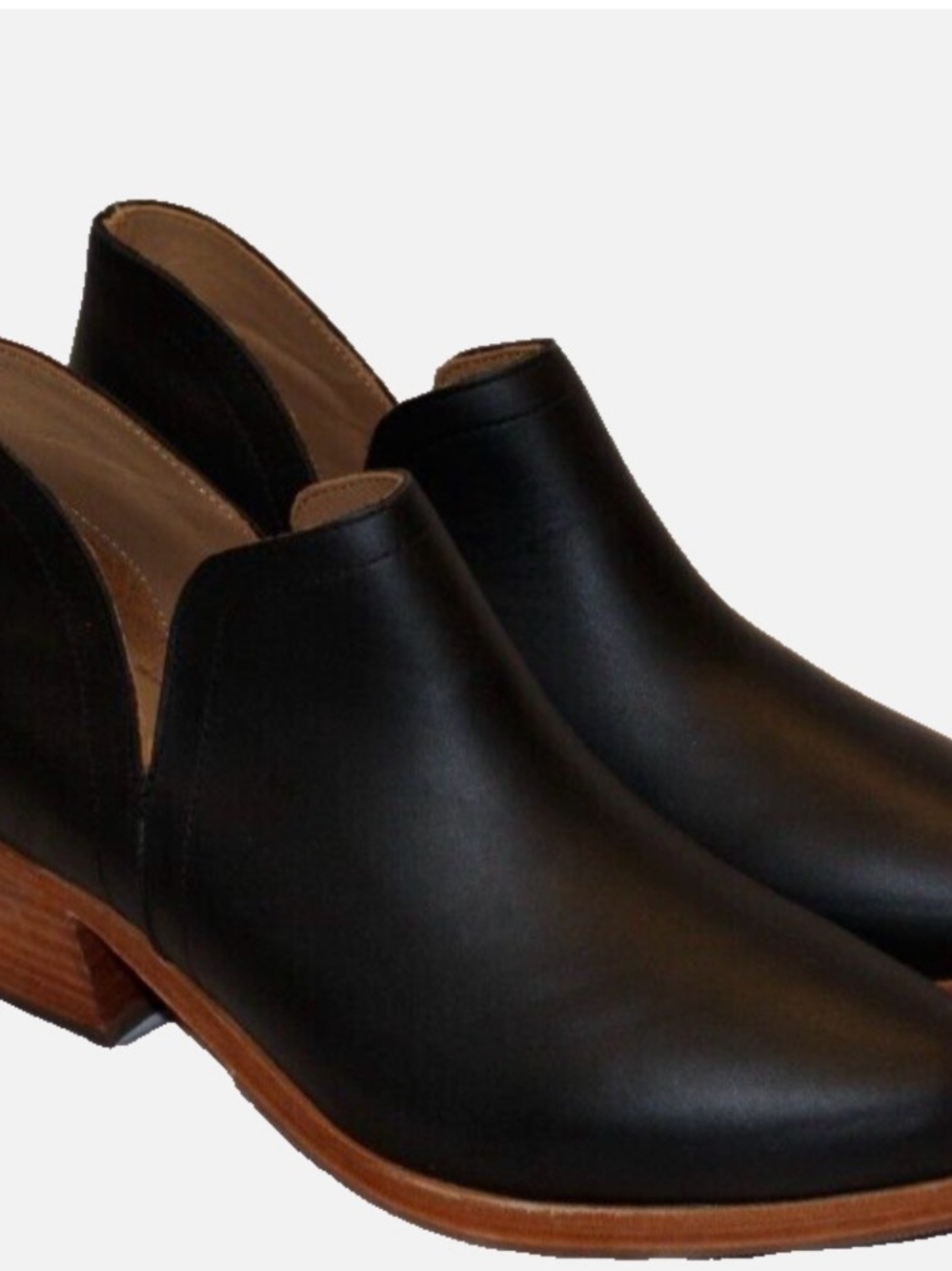 Nisolo Black Leather Ankle Booties with Tan Wood Heel
